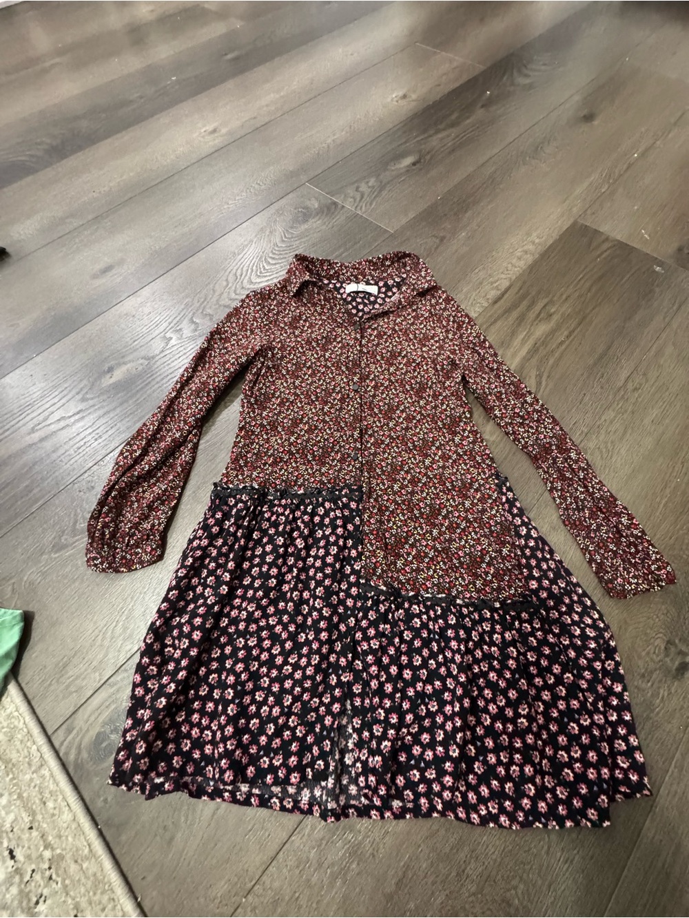 Zara Burgundy and Black Floral Tiered Shirt Dress